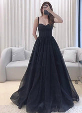 A-line Black Tulle Sweetheart Straps Long Party Dress