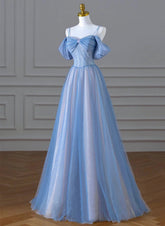A-line Blue and Pink Beaded Tulle Long Party Dress