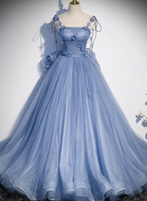 Blue Spaghetti Strap Tulle with Flowers Long Formal Dress