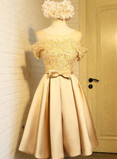Golden Satin Lace Off Shoulder Short Homecoming Dresses