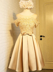 Golden Satin Lace Off Shoulder Short Homecoming Dresses