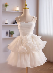 White Tulle Straps Short Graduation Dress