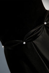 A-line Black Satin Straps Long Formal Dress