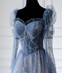 Blue Long Sleeves Sweetheart Beaded Tulle Formal Dress