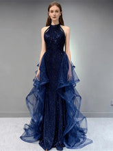 A-line Navy Blue Sequins and Tulle Party Dress