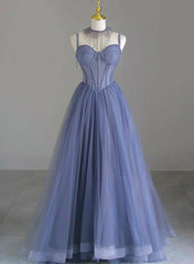 Spaghetti Strap Tulle Beaded Long Prom Dress