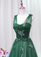 A-line Green Sweetheart Beaded Tulle Prom Dress