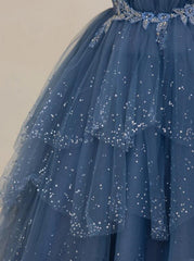 Blue Shiny Tulle Long Beaded A-line Prom Dress