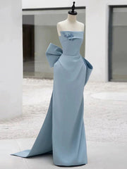 Light Blue Satin Low Back Long Party Dress with Bow