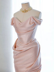 Vestido de fiesta de satén rosa con escote en forma de corazón, hombros descubiertos y corte asimétrico