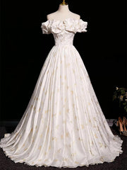 Beautiful A-line Floral Satin Off Shoulder Long Formal Gowns