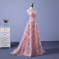Vestido de noche largo rosa con flores en forma de A