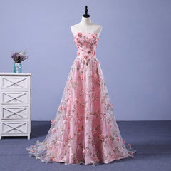 Vestido de noche largo rosa con flores en forma de A