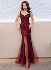 Wine Red Sequins Mermaid Straps Long Party Dress