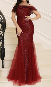 Charlee Dazzling Red Sequin Off-Shoulder Mermaid Maxi Gown