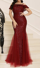 Charlee Dazzling Red Sequin Off-Shoulder Mermaid Maxi Gown