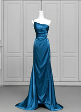 Blue Soft Satin Long Prom Dress with Leg Slit