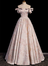 Vestido largo de fiesta floral con hombros descubiertos y estampado rosa
