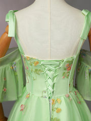 Lovely Light Green Floral Straps Long Formal Dress