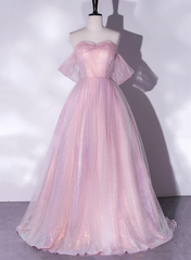 Vestido de fiesta largo con escote en forma de corazón de tul rosa y lentejuelas