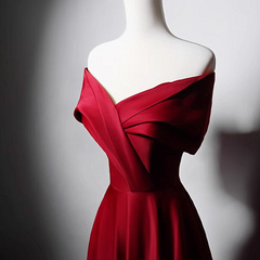 Vestido de fiesta de satén rojo vino con hombros descubiertos y corte A