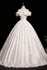 Beautiful A-line Floral Satin Off Shoulder Long Formal Gowns