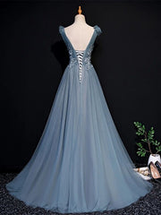 Vestido de fiesta largo hasta el suelo de tul azul con apliques de encaje