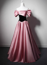 Vestido de fiesta largo de satén con escote en A y hombros descubiertos