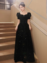 A-Line Black Short Sleeves Velvet Long Party Dress