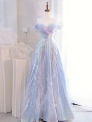 Precioso vestido de fiesta de tul y lentejuelas con corte A y hombros descubiertos