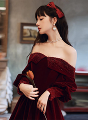 Wine Red Beaded Puffy Sleeves Long Formal Dress