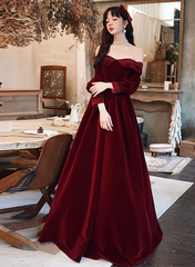 Wine Red Beaded Puffy Sleeves Long Formal Dress
