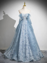 Blue A-line Lace and Tulle Long Formal Dress