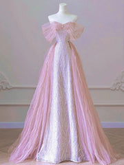 Precioso vestido de fiesta rosa con escote en forma de corazón de tul y cuentas, hombros descubiertos