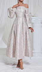 Elegant Off-Shoulder Jacquard Maxi Dress with Statement Puff Sleeves