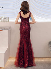 Wine Red Sequins Mermaid Straps Long Party Dress