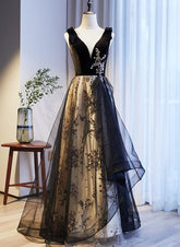V-neckline Black Tulle with Velvet Top Long Evening Dress Party Dress