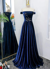 Blue Velvet Beaded Elegant Off Shoulder Evening Dress