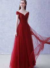 A-line Wine Red Tulle Beaded Long Party Dresses Formal Dress