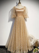 Champagne Tulle Chich Long Puffy Sleeves Party Dress Formal Dress