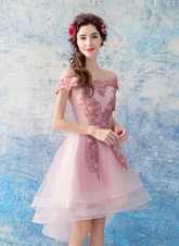 Pink Chic High Low Off Shoulder Party Dress with Lace Applique