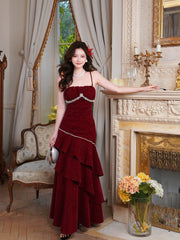 Wine Red Beaded Velvet Layers Straps Long Formal Dress
