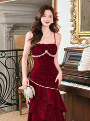 Wine Red Beaded Velvet Layers Straps Long Formal Dress