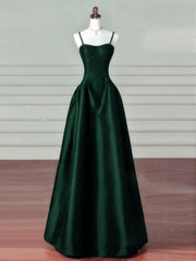 Vestido de fiesta largo de satén verde oscuro con tirantes en forma de A