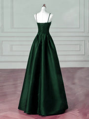 Vestido de fiesta largo de satén verde oscuro con tirantes en forma de A