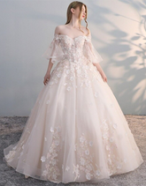 Charming Flowers Lace Off Shoulder Ball Gown Wedding Party Dress