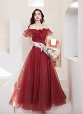 Lovely Wine Red Off Shoulder Tulle with Beadings Party Dress