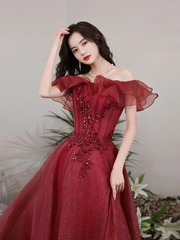 Lovely Wine Red Off Shoulder Tulle with Beadings Party Dress