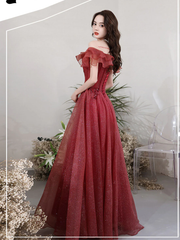 Lovely Wine Red Off Shoulder Tulle with Beadings Party Dress