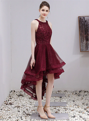 Beautiful Burgundy Halter High Low Tulle Lace Homecoming Dress